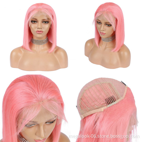 Pink Cuticle Aligned Human Hair Wigs Short Cut Bob Lace Front Wigs Remy Human Hair